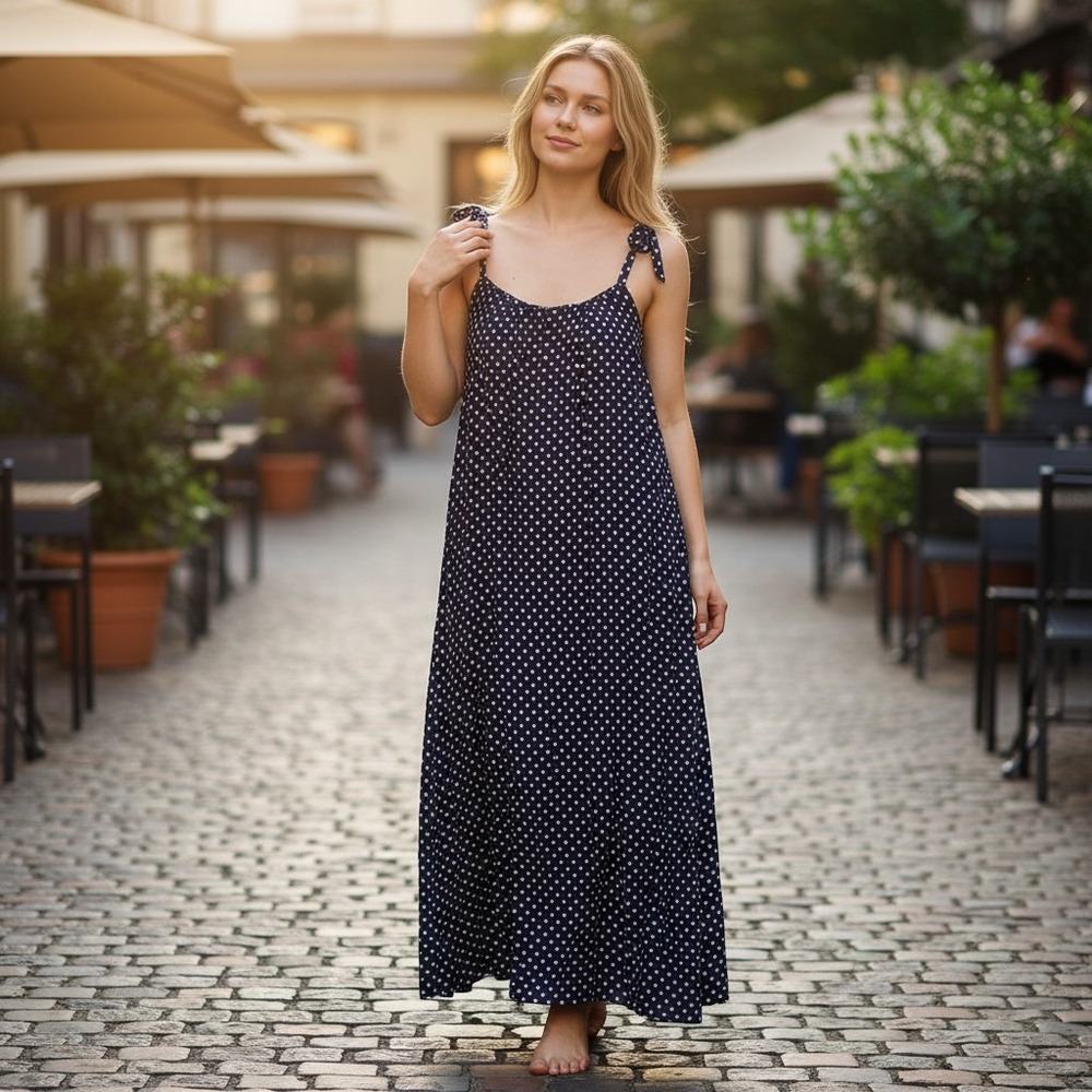 J.Crew Beachwear A-Line Dress Womens S/M Navy Blue White‎ Polka Dot Ruffle Strap